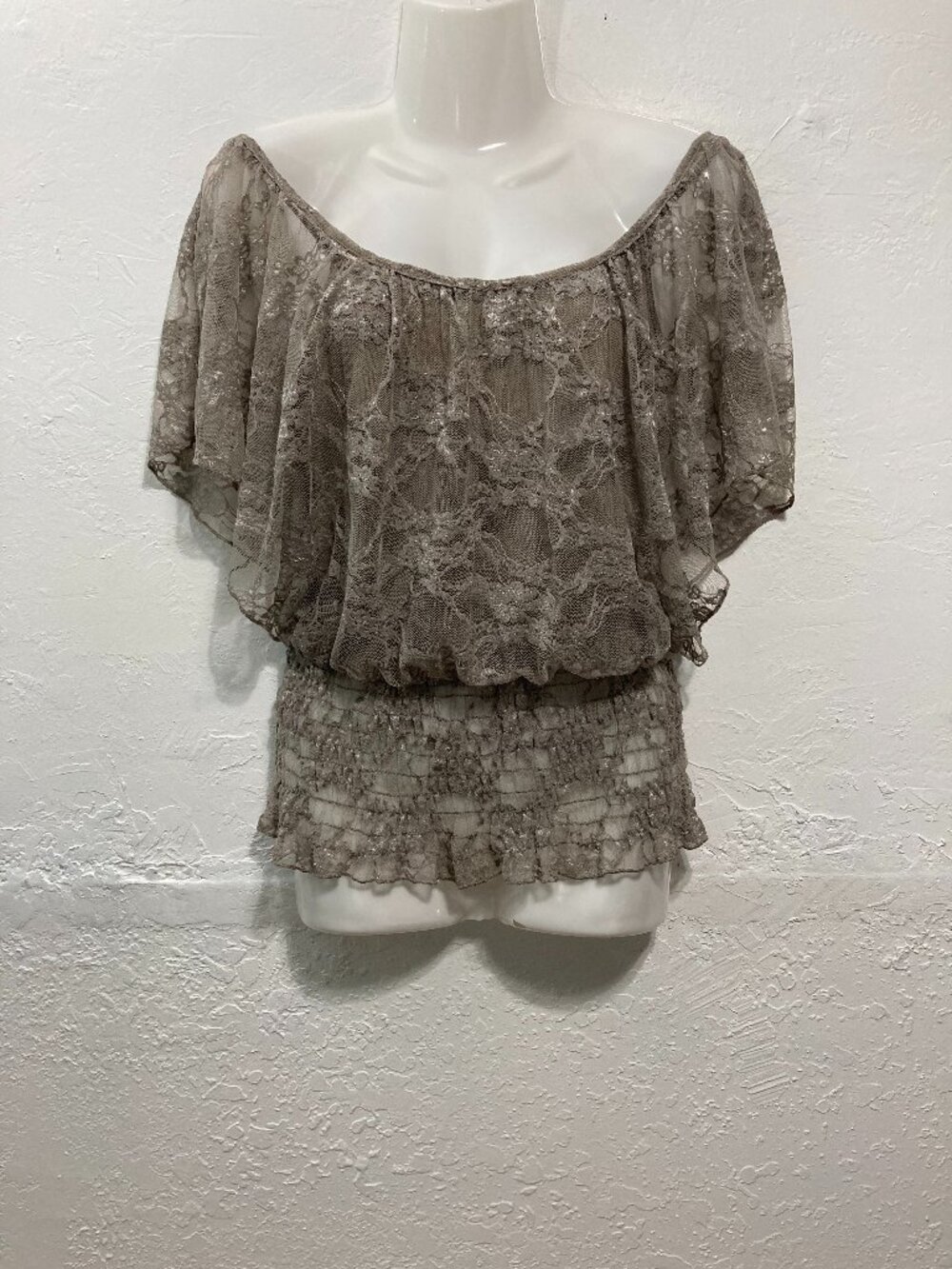 Have Lace Top Y2K Smoked Fairy Cottagecore Ethereal Beige Sheer Off Shoulder S
